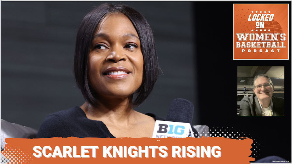 Graphic with photo of Rutgers head coach Coquese Washington smiling and holding a B10 Network microphone. Locked On Women's Basketball logo at top right. Headshot of host Howard Megdal at lower right. White text on orange background reads "Scarlet Knights Rising".